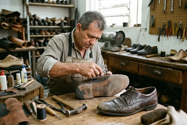 Profissional analisando sapatos sociais para reforma em Poços de Caldas.