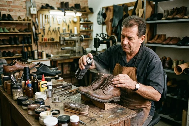 Sapatos sendo impermeabilizados em Poços de Caldas.